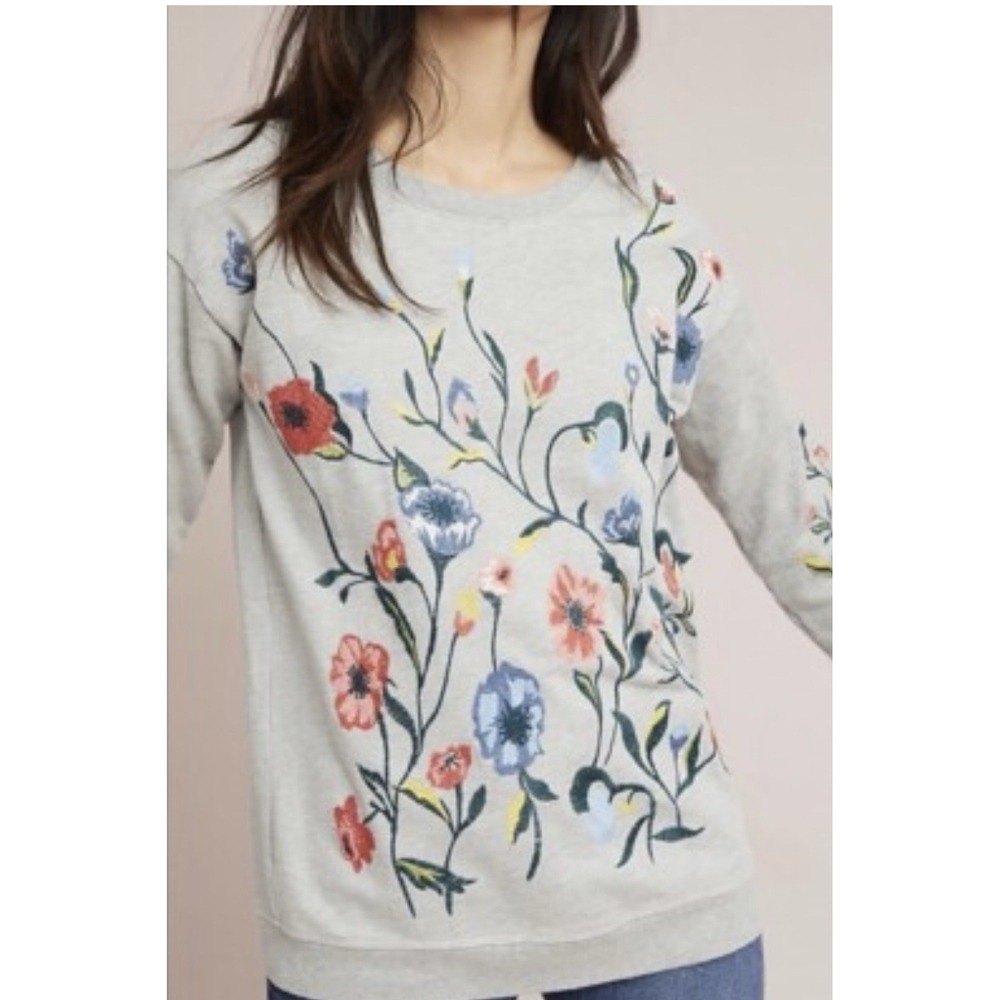 Sundry Anthropologie Floral Embroidered Gray Sweatshirt Size 1 Small NWOT